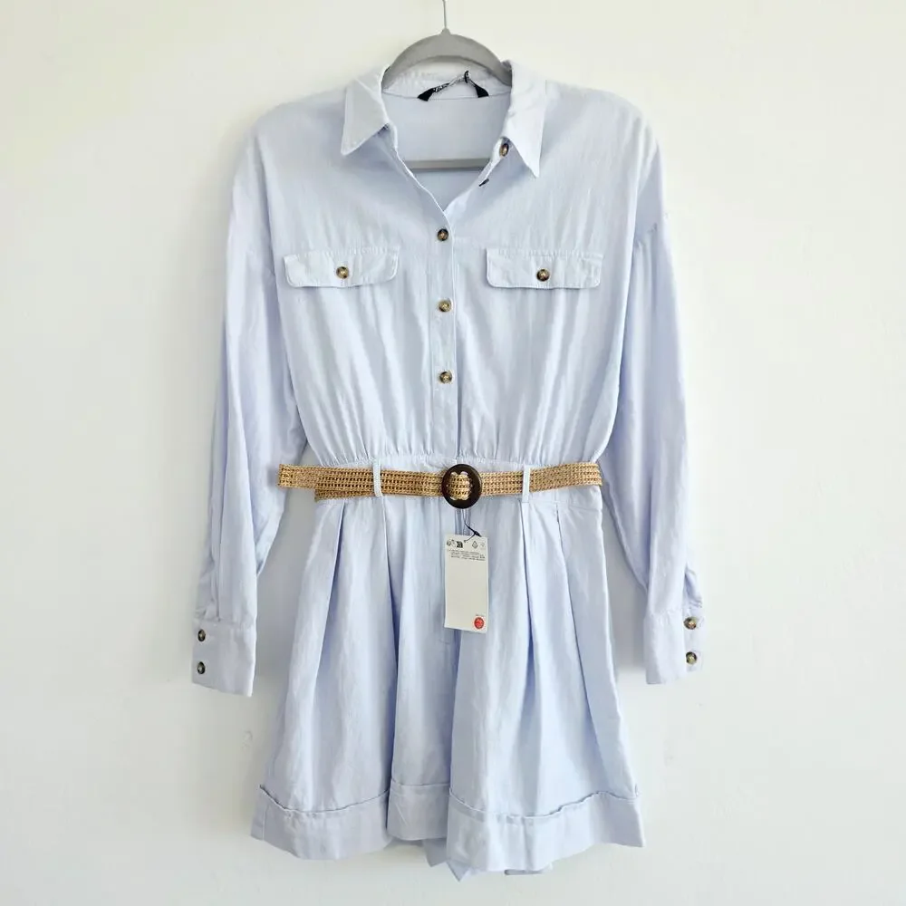 Zara Linen Blend Light Blue Belted Button Up Jumpsuit Shorts Romper Size Large